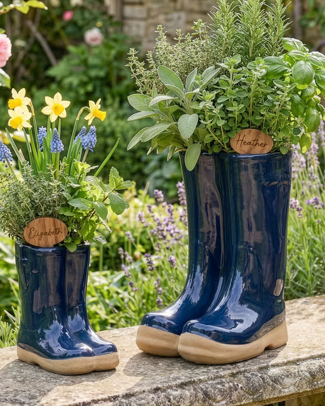 Dark Blue Welly Boot Planter with Personalised Marker
