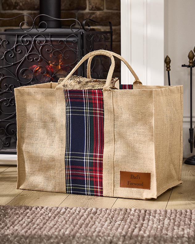 Personalised Natural Tartan Jute Log Carrier - Image 3